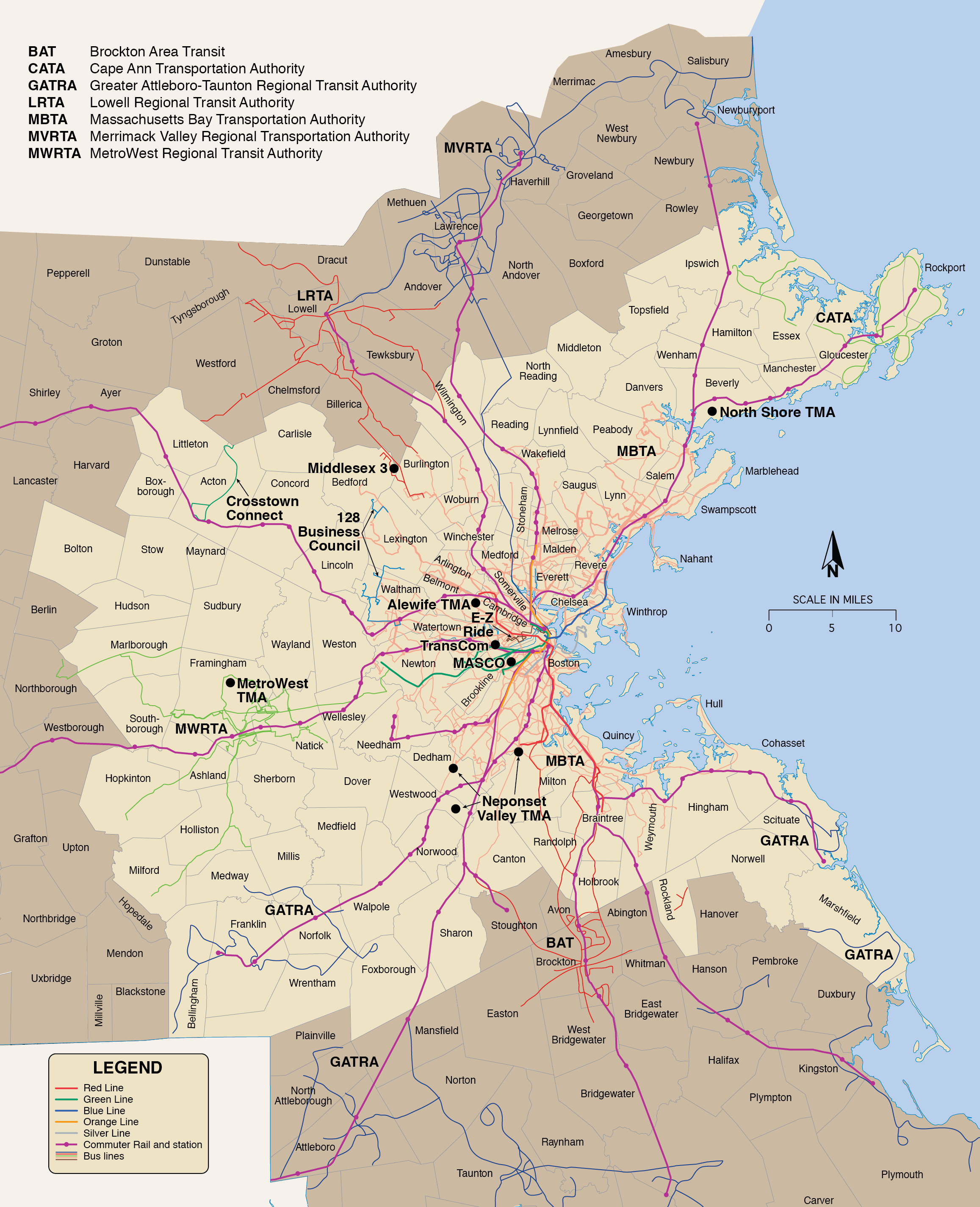 This map shows the MBTA and RTA Transit Routes operating in the Boston region.